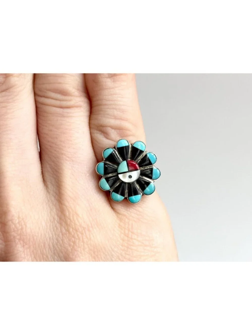 Zuni Sun Face Turquoise, Onyx, MOP & Coral Sterling Silver 925 Vintage Ring sz 6
